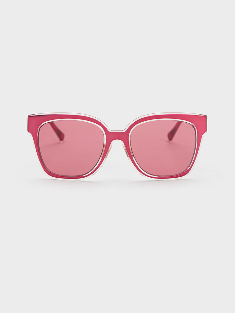 Oversized Square Metallic Accent Sunglasses, Fuchsia, hi-res