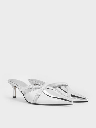 Metallic Grosgrain-Strap Pointed-Toe Mules, Silver, hi-res