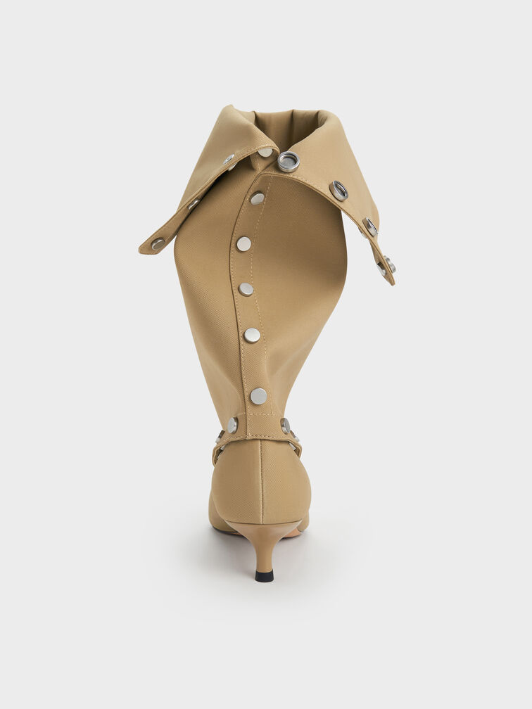 Gael Twill Studded Convertible Kitten-Heel Knee-High Boots, Beige, hi-res
