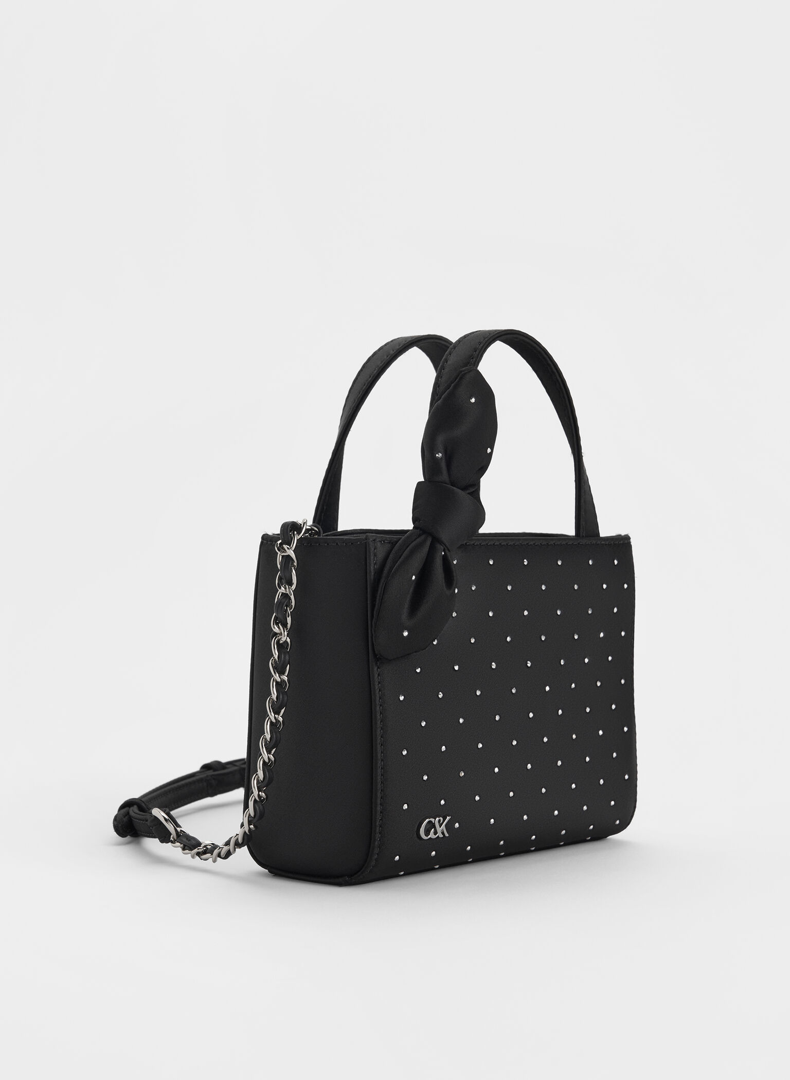 Satin Studded Knotted-Bow Mini Bag, Noir Studded Satin, hi-res