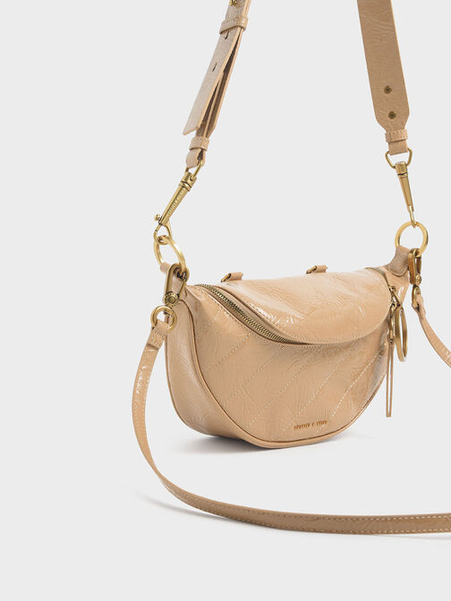 Philomena Wrinkled Patent Semi-Circle Crossbody Bag, Beige, hi-res