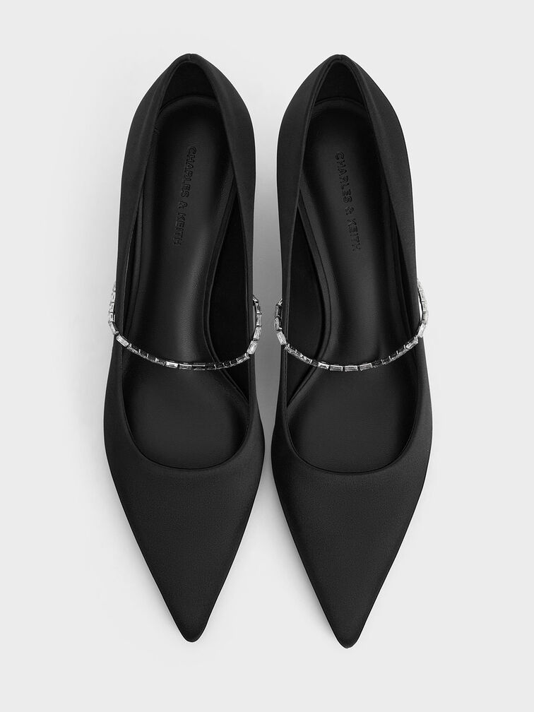 Satin Embellished-Strap Pointed-Toe Pumps, Black Textured, hi-res