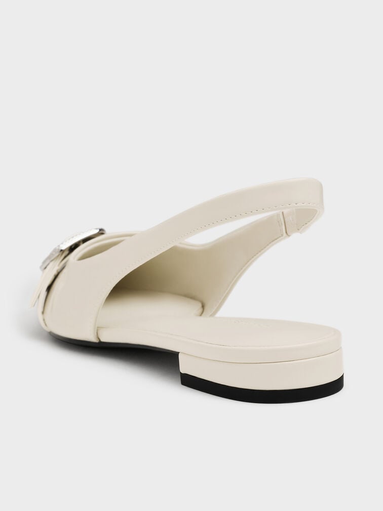 Patent Crystal-Buckle Pointed-Toe Slingback Flats, Chalk, hi-res