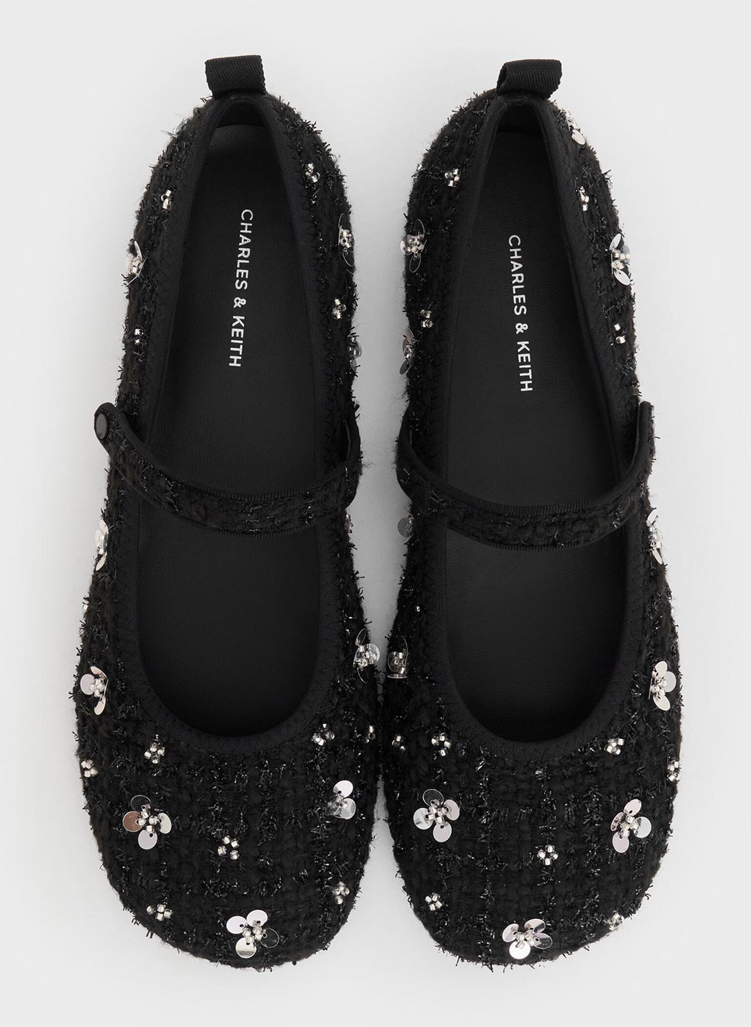 Tweed Flower-Embellished Mary Janes, Black Textured, hi-res