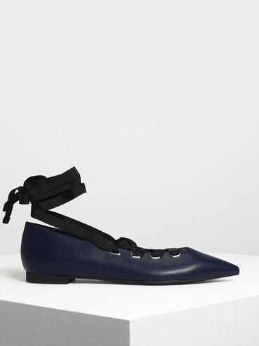 Laced Up Pointed Flats, Dark Blue, hi-res