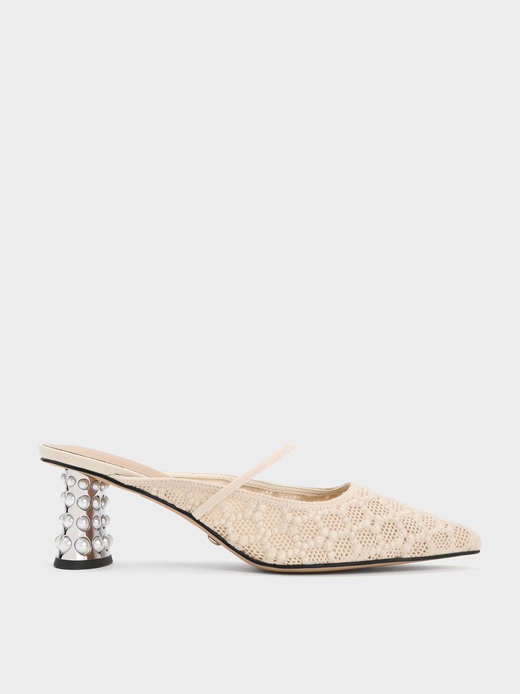 Crochet & Leather Beaded Heel Mules, Cream, hi-res