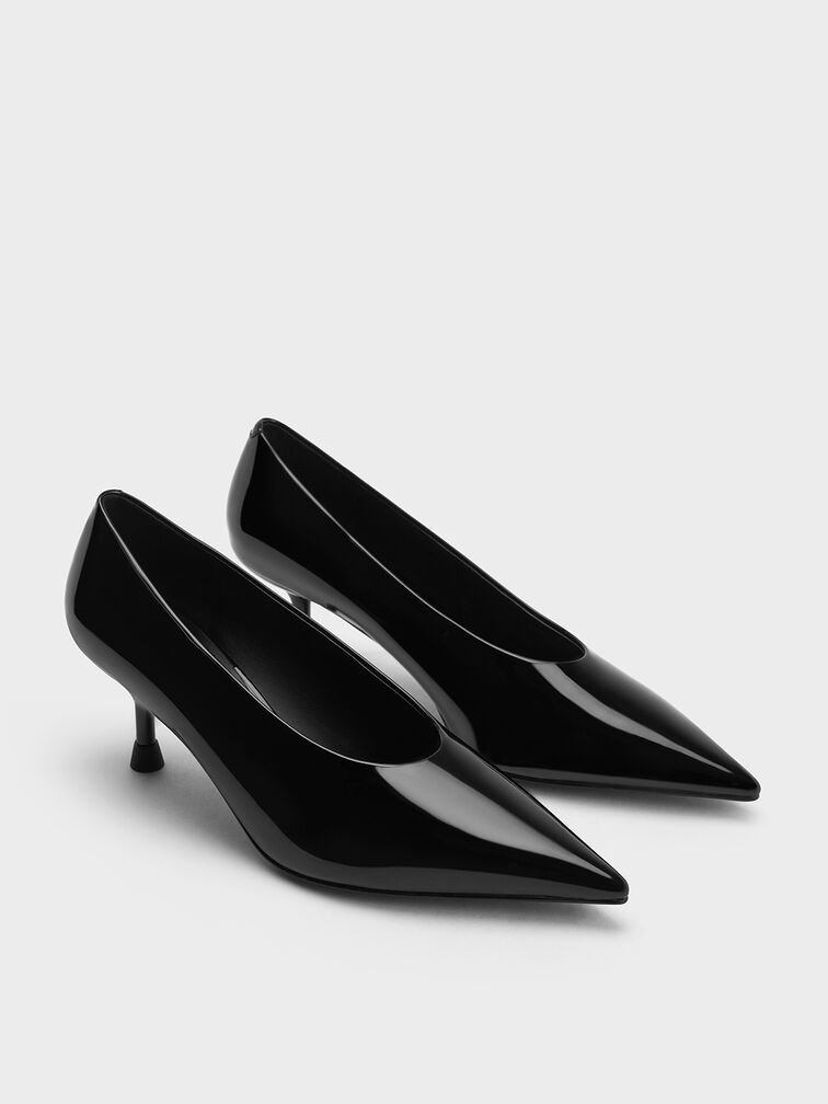 Patent Pointed-Toe Kitten-Heel Pumps, Black Patent, hi-res
