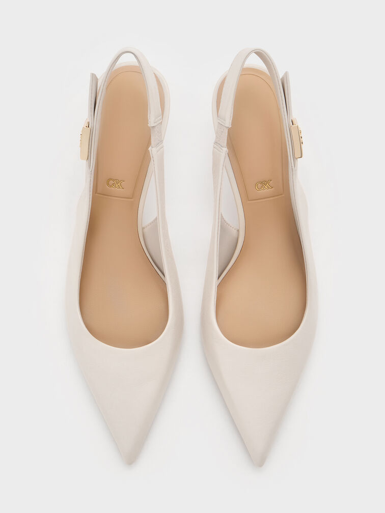 Cody Leather Pointed-Toe Kitten-Heel Slingback Pumps, Chalk, hi-res