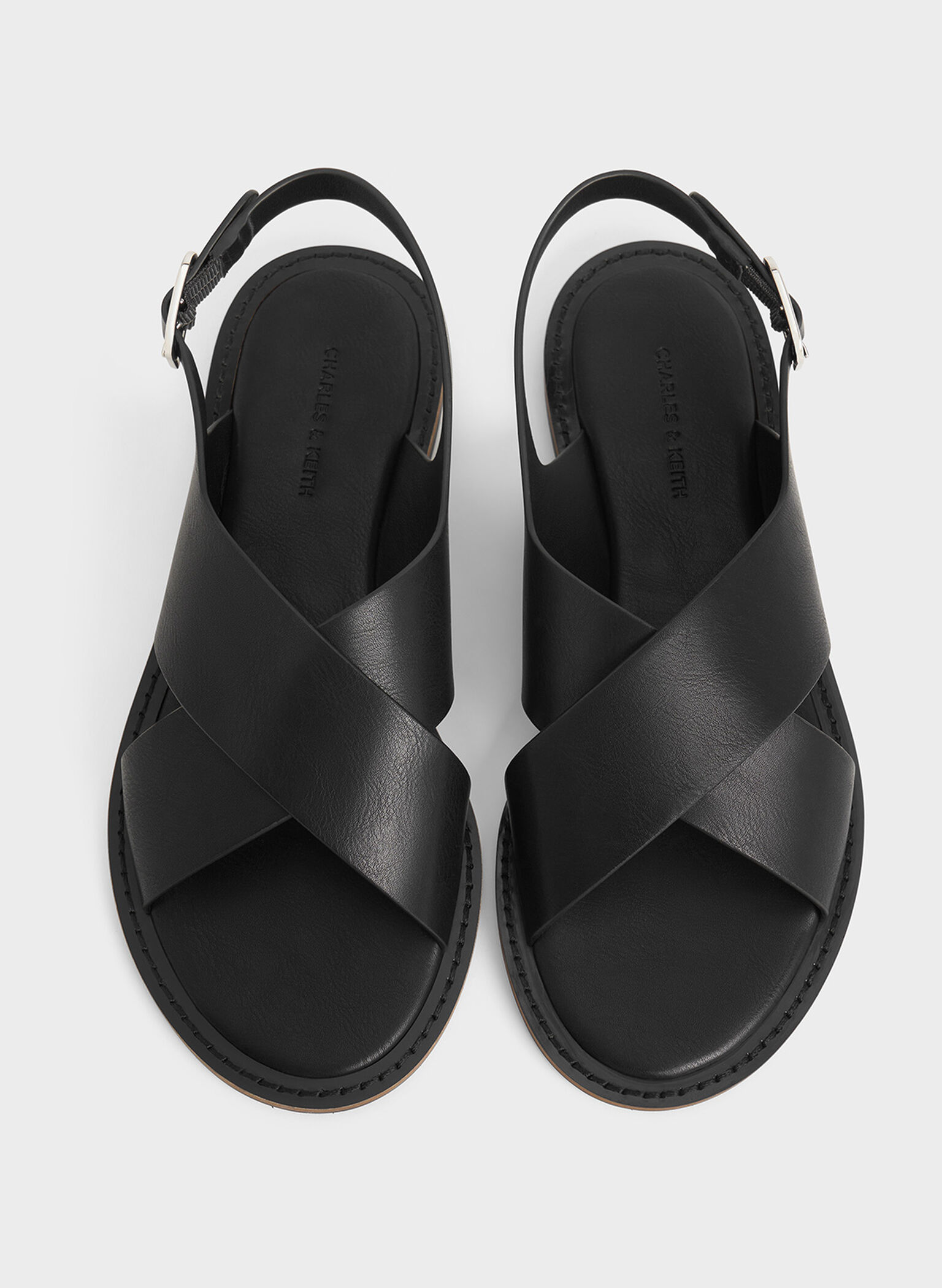 Crossover-Strap Slingback Sandals, Black, hi-res
