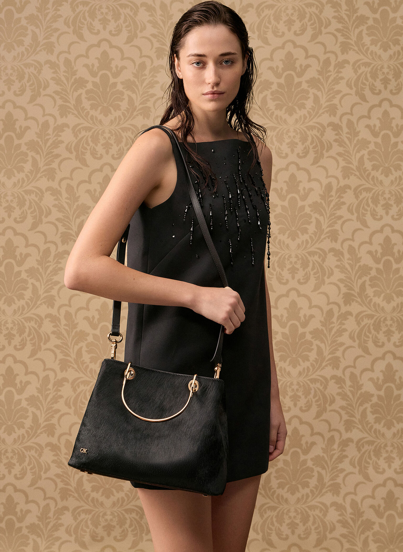 Pony Hair & Leather Ring-Handle Bag, Black, hi-res
