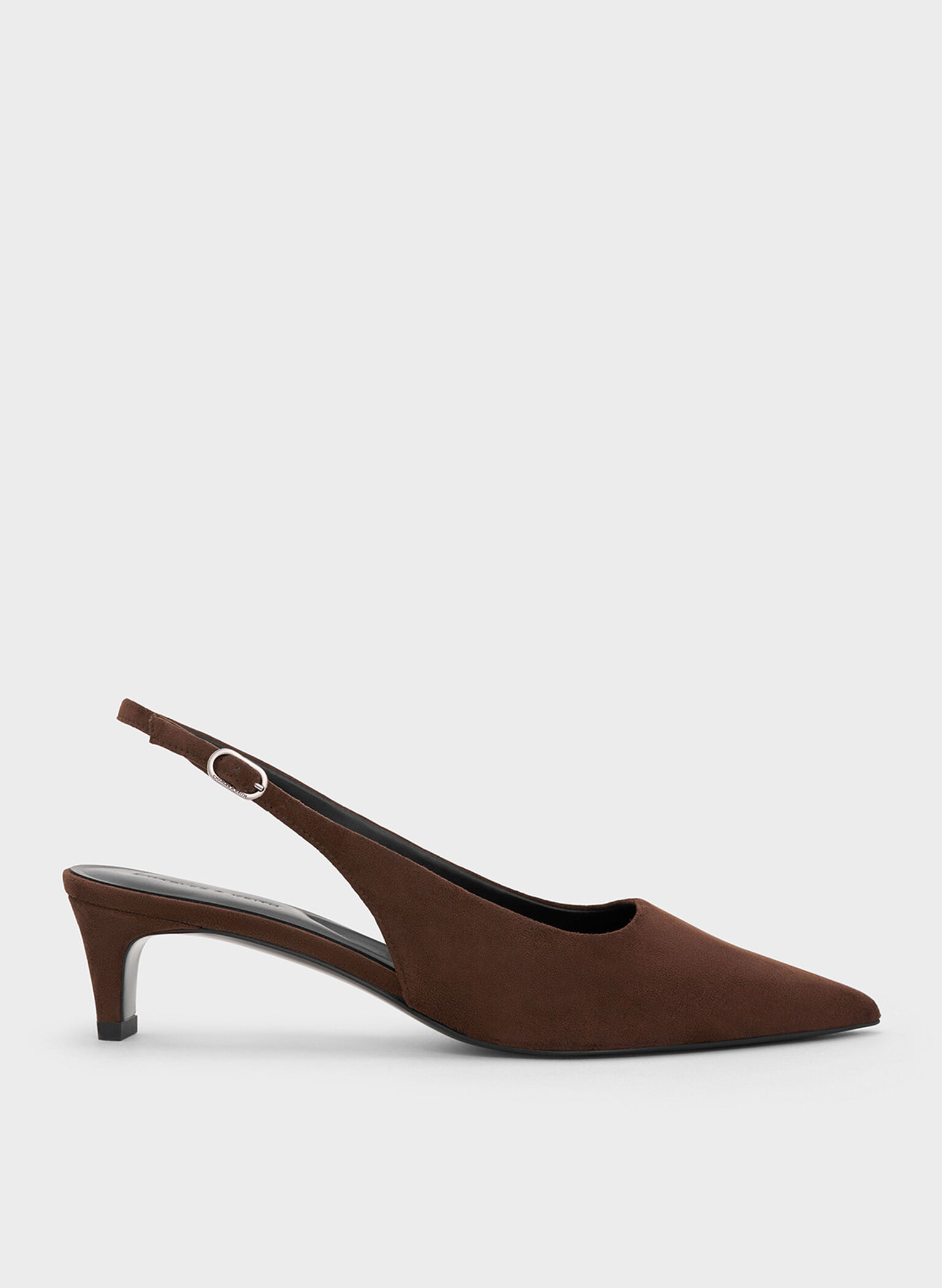 Faux Suede Pointed-Toe Kitten-Heel Slingback Pumps, Dark Brown, hi-res