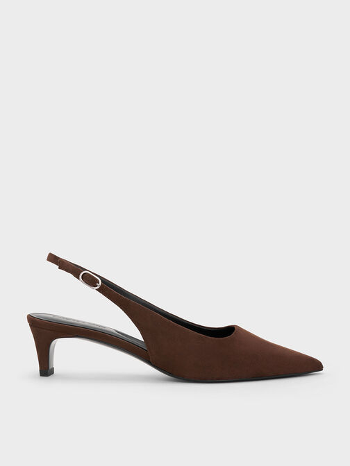 Faux Suede Pointed-Toe Kitten-Heel Slingback Pumps, Dark Brown, hi-res