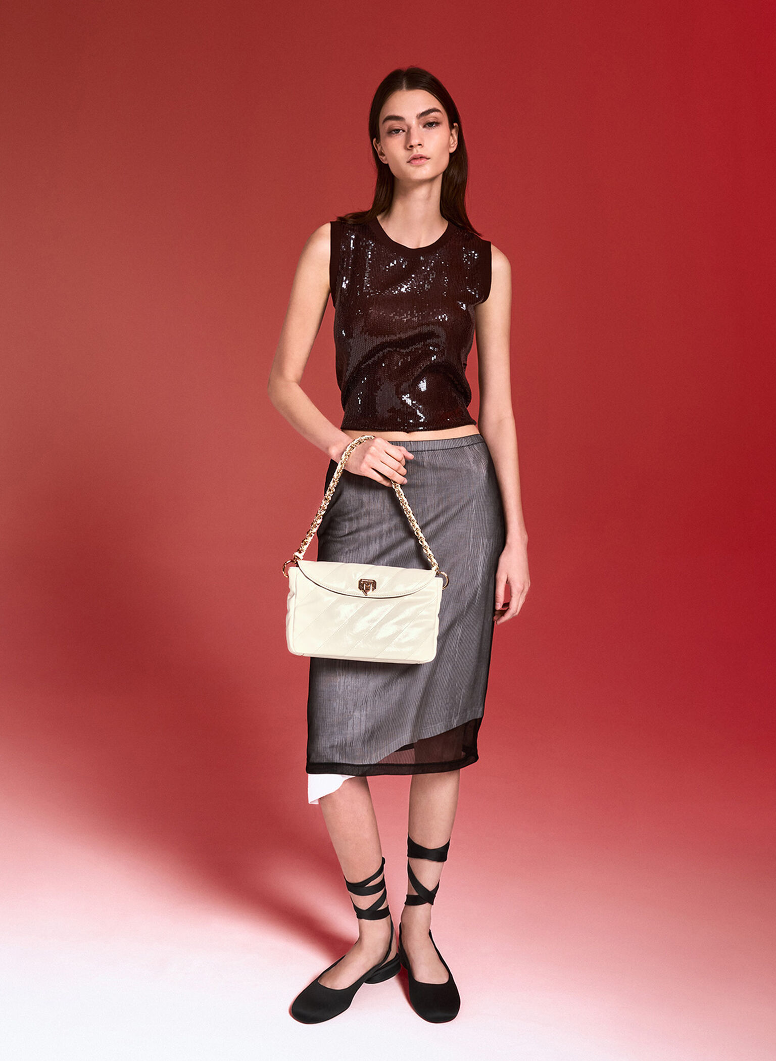 Fawn Panelled Front Flap Chain-Handle Bag, Cream, hi-res