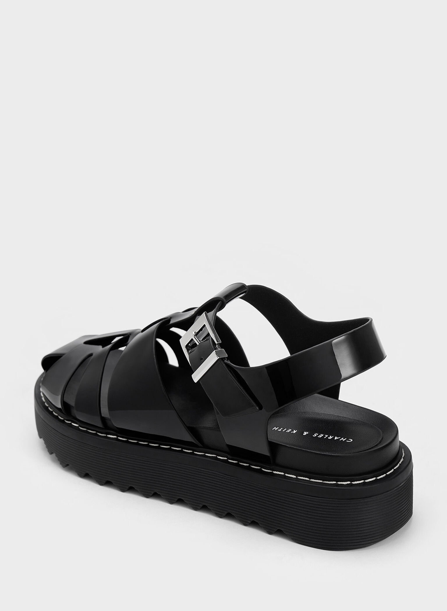Interwoven Patent Buckled Sandals, Black Patent, hi-res