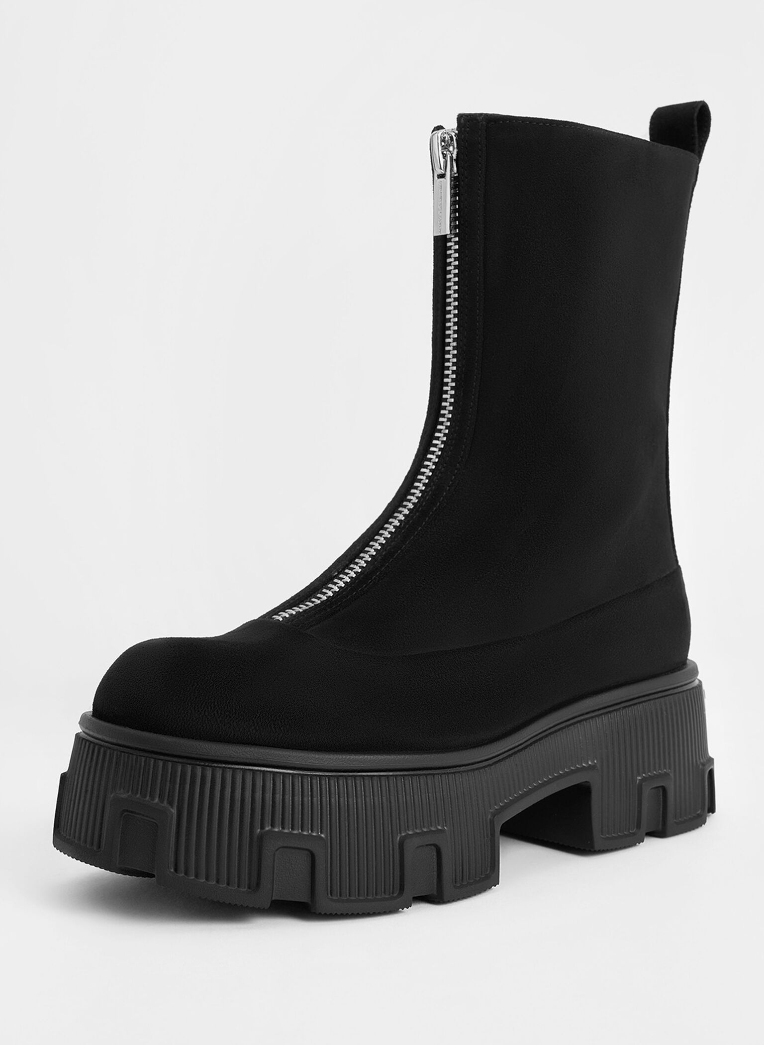 Faux Suede Zip-Up Platform Calf Boots, Black Textured, hi-res
