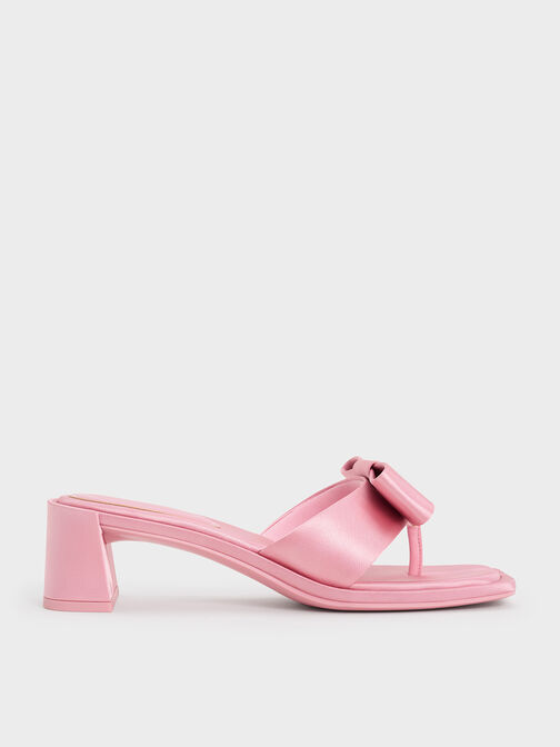 Satin Bow Heeled Thong Sandals, Pink, hi-res