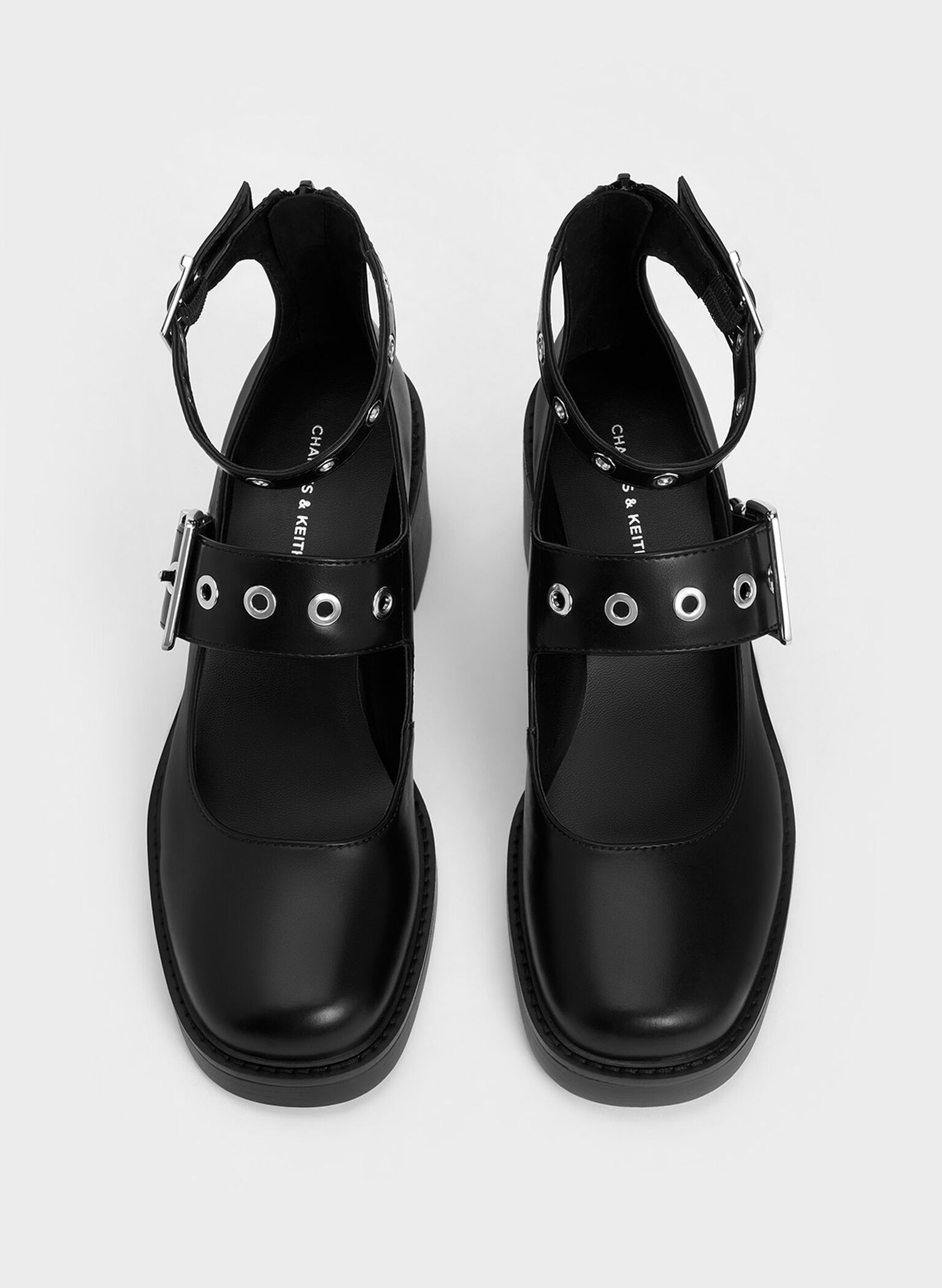 Grommet-Strap Mary Jane Pumps, Black, hi-res