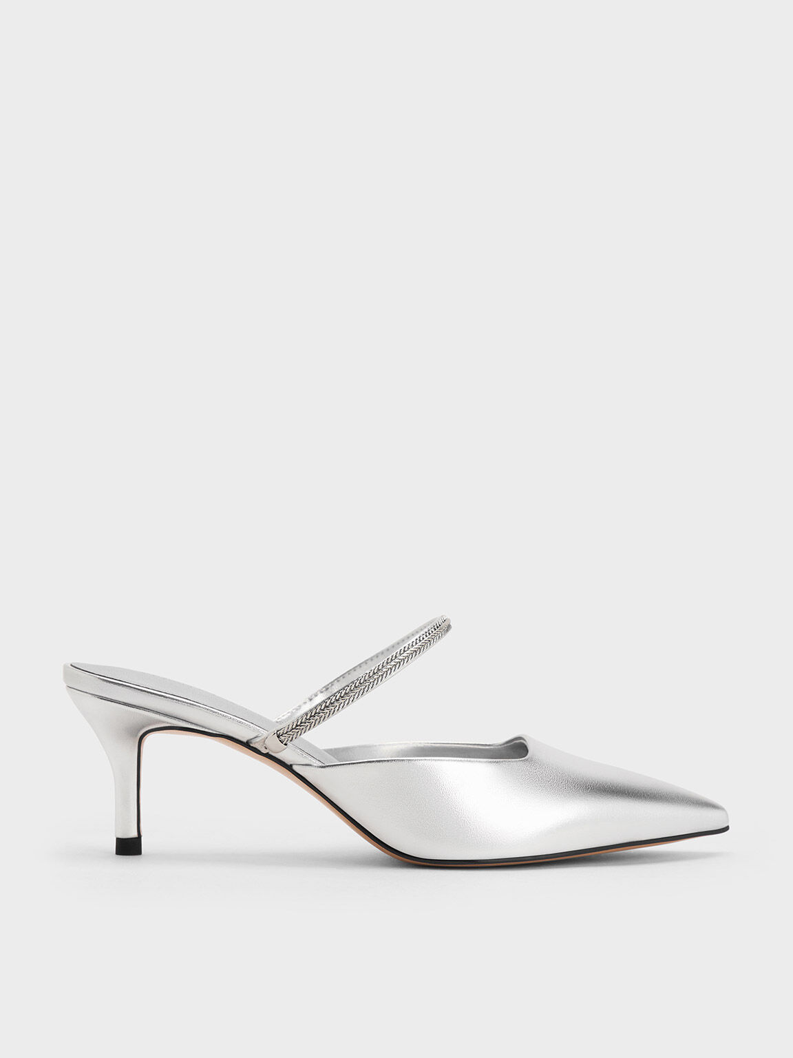 Metallic Braided Strap Pointed Toe Mules Silver