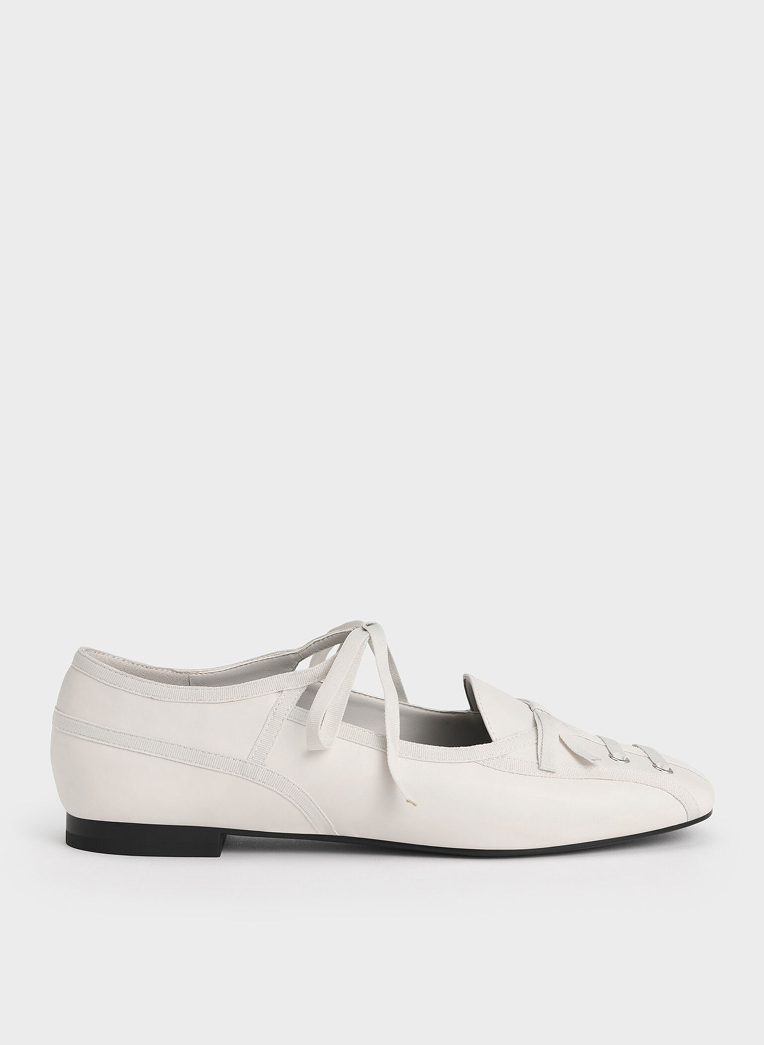 Lace-Up Bow Ballet Flats, White, hi-res