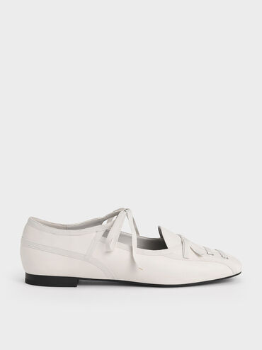 Lace-Up Bow Ballet Flats, White, hi-res