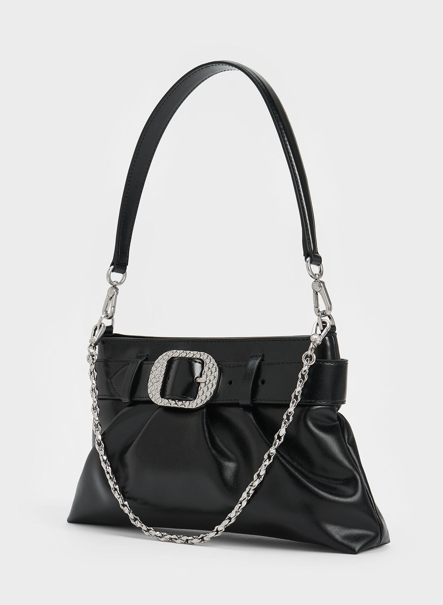 Avis Belted Ruched Shoulder Bag, Noir, hi-res