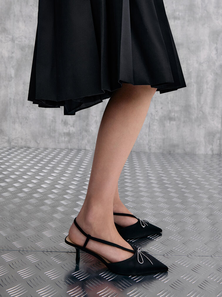 Recycled Polyester Crystal-Bow Kitten-Heel Slingback Pumps, Black Textured, hi-res
