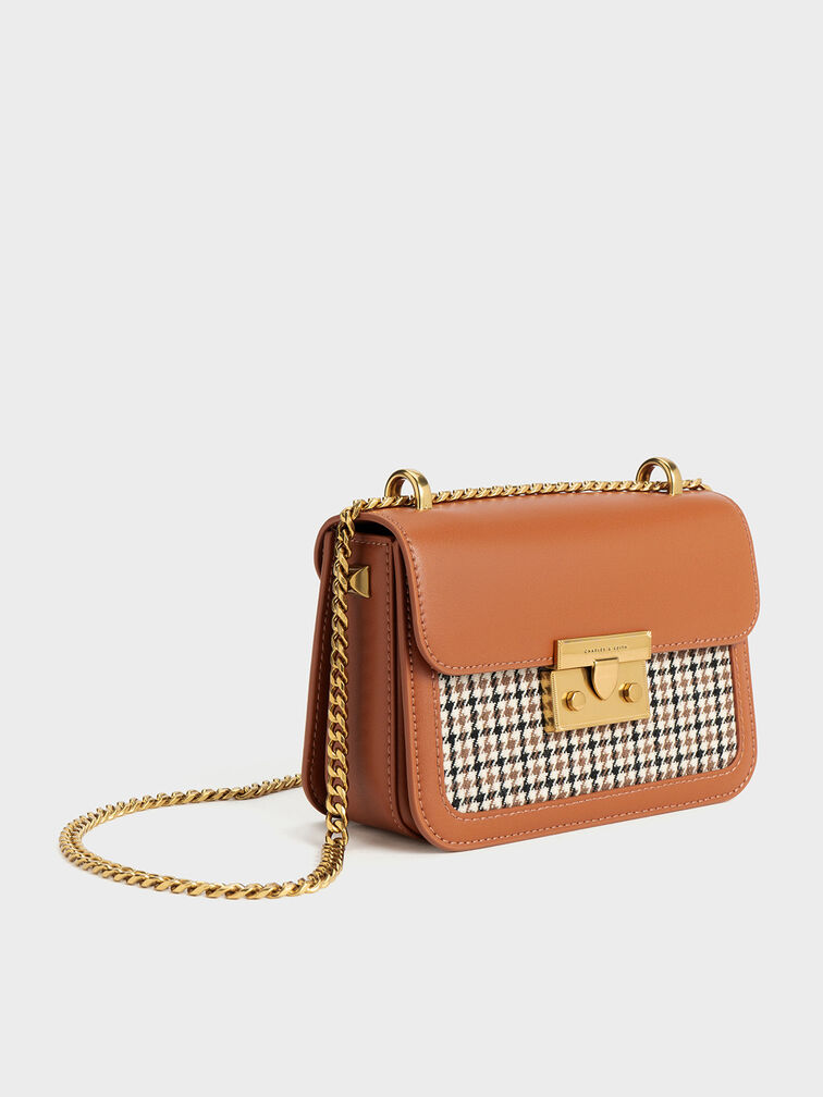 Alva Checkered Front Flap Bag, Cognac, hi-res