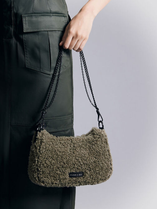 Philomena Furry Chain-Strap Crossbody Bag, Khaki, hi-res