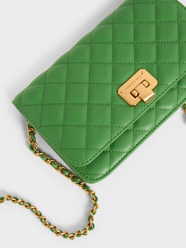 Quilted Push-Lock Clutch, Green, hi-res