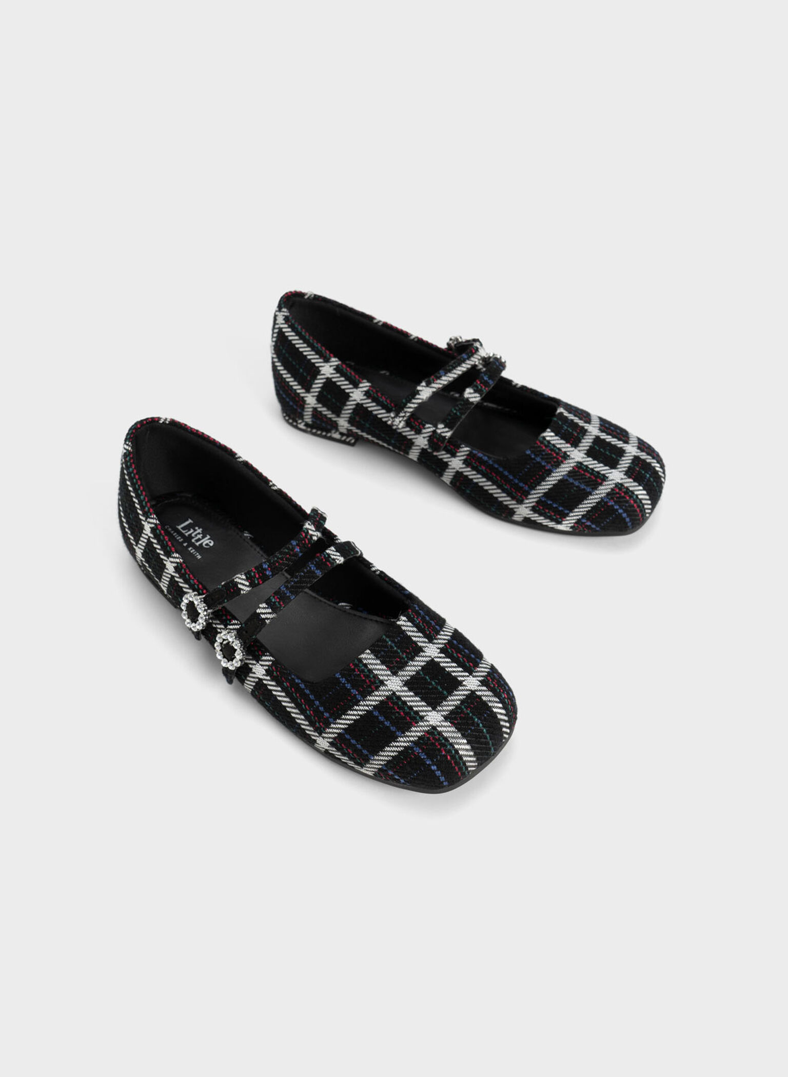 Girls' Gem-Embellished Checkered Mary Janes, Black, hi-res