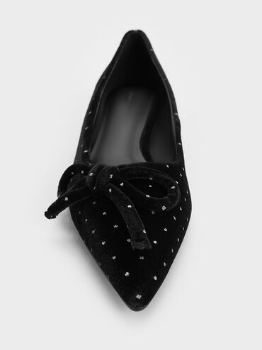 Velvet Dotted Bow Pointed-Toe Kitten-Heel Pumps, Black Textured, hi-res