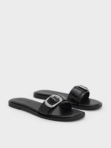 Buckle-Strap Slide Sandals, Black Box, hi-res