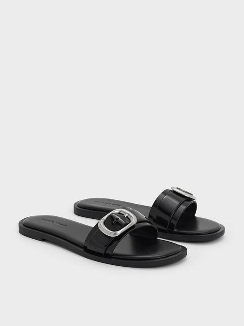 Buckle-Strap Slide Sandals, Black Box, hi-res