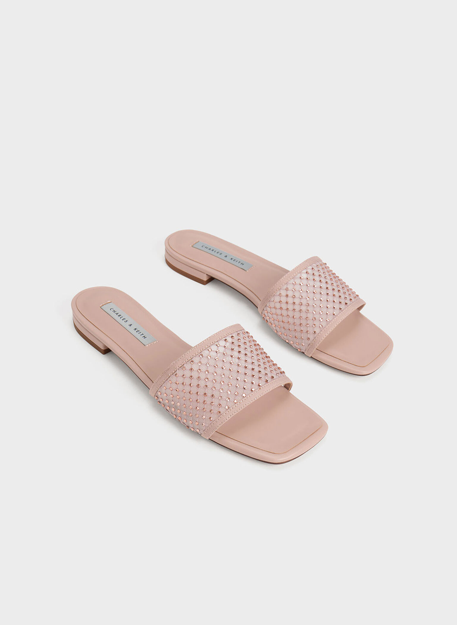 Gem-Encrusted Mesh Slide Sandals, Nude, hi-res
