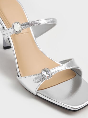 Metallic Leather Gem-Buckle Double-Strap Heeled Sandals, Silver, hi-res