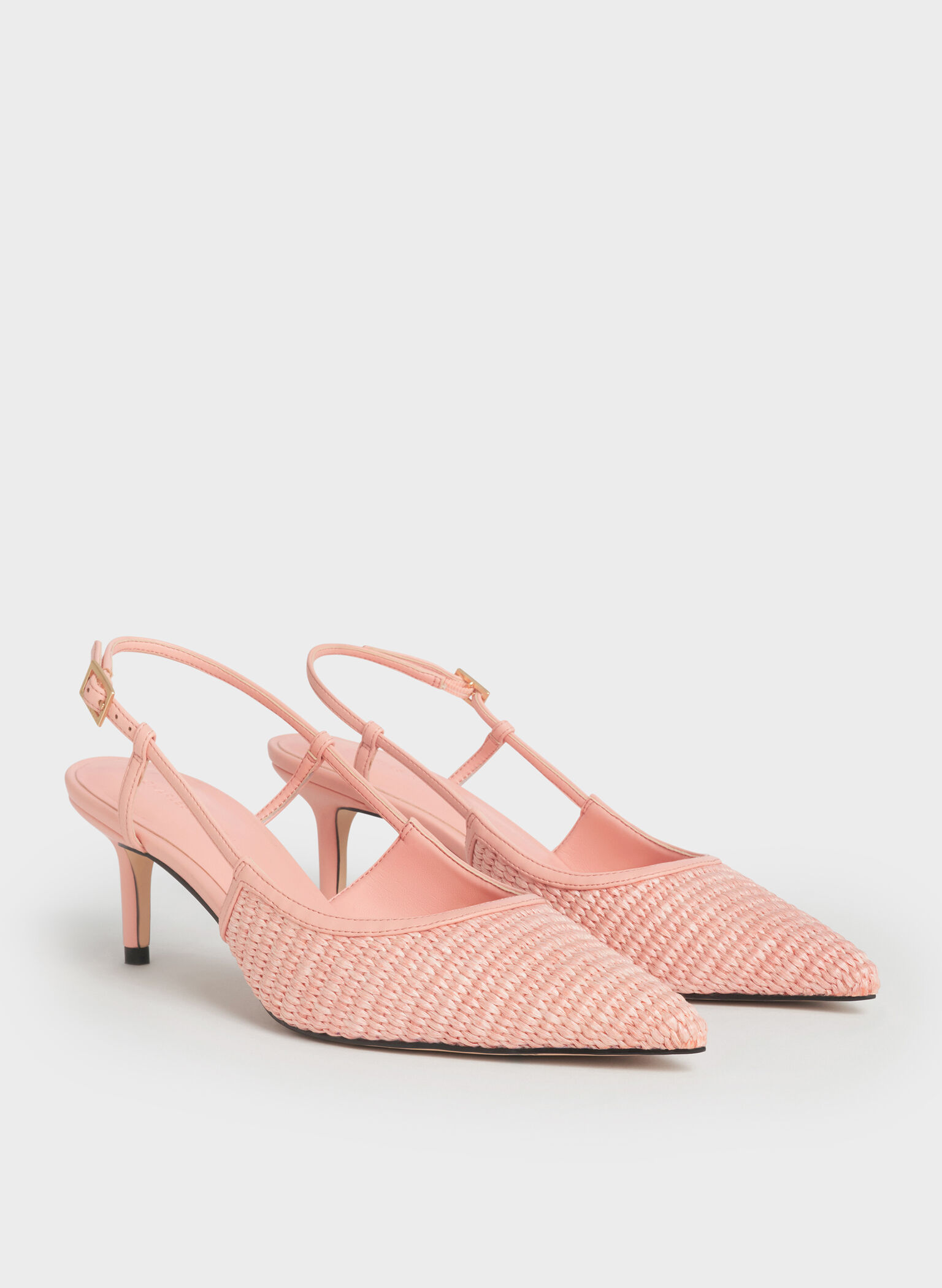 Raffia Pointed-Toe Slingback Pumps, Peach, hi-res