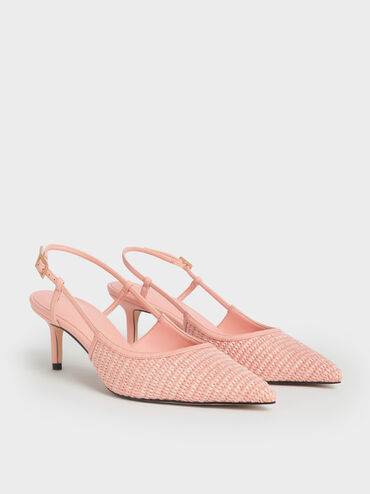 Raffia Pointed-Toe Slingback Pumps, Peach, hi-res