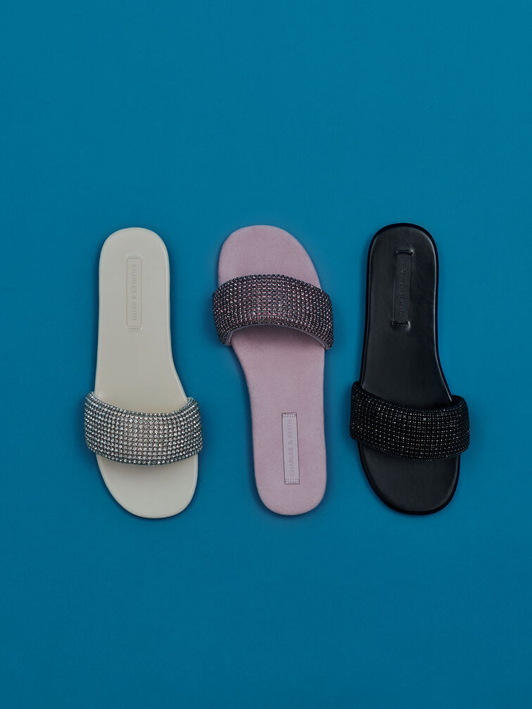 Faux Suede Crystal-Embellished Slide Sandals, Black Textured, hi-res