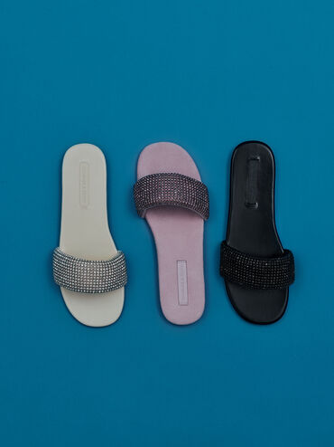 Faux Suede Crystal-Embellished Slide Sandals, Black Textured, hi-res