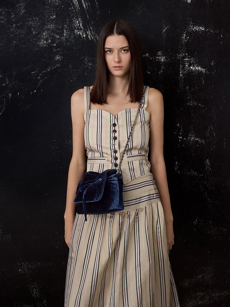 Velvet Bow Ruched Top Handle Bag, Dark Blue, hi-res