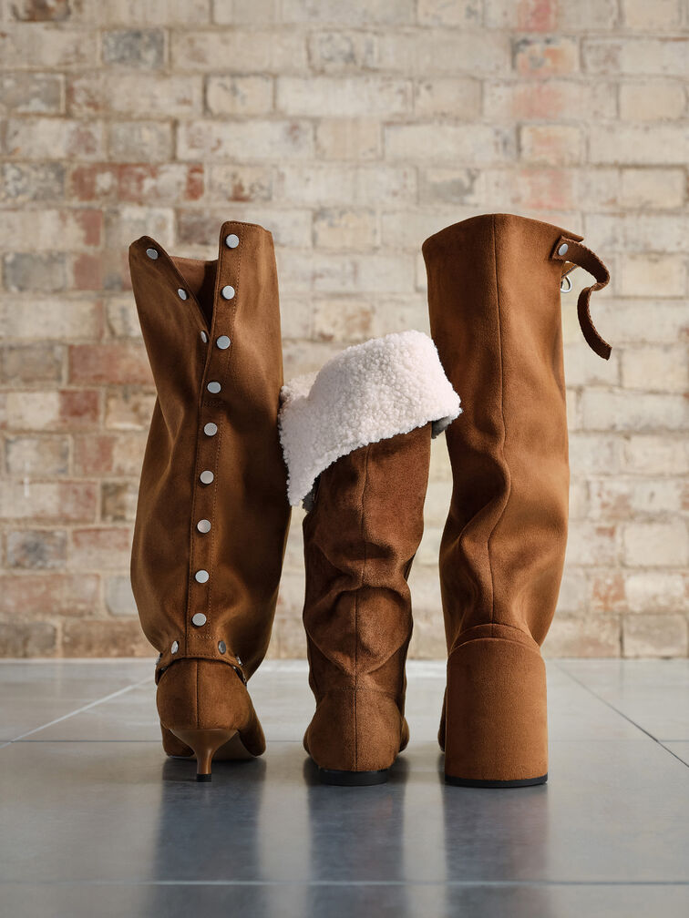 Robbie Faux Suede Side-Buckle Block-Heel Knee-High Boots, Brown, hi-res