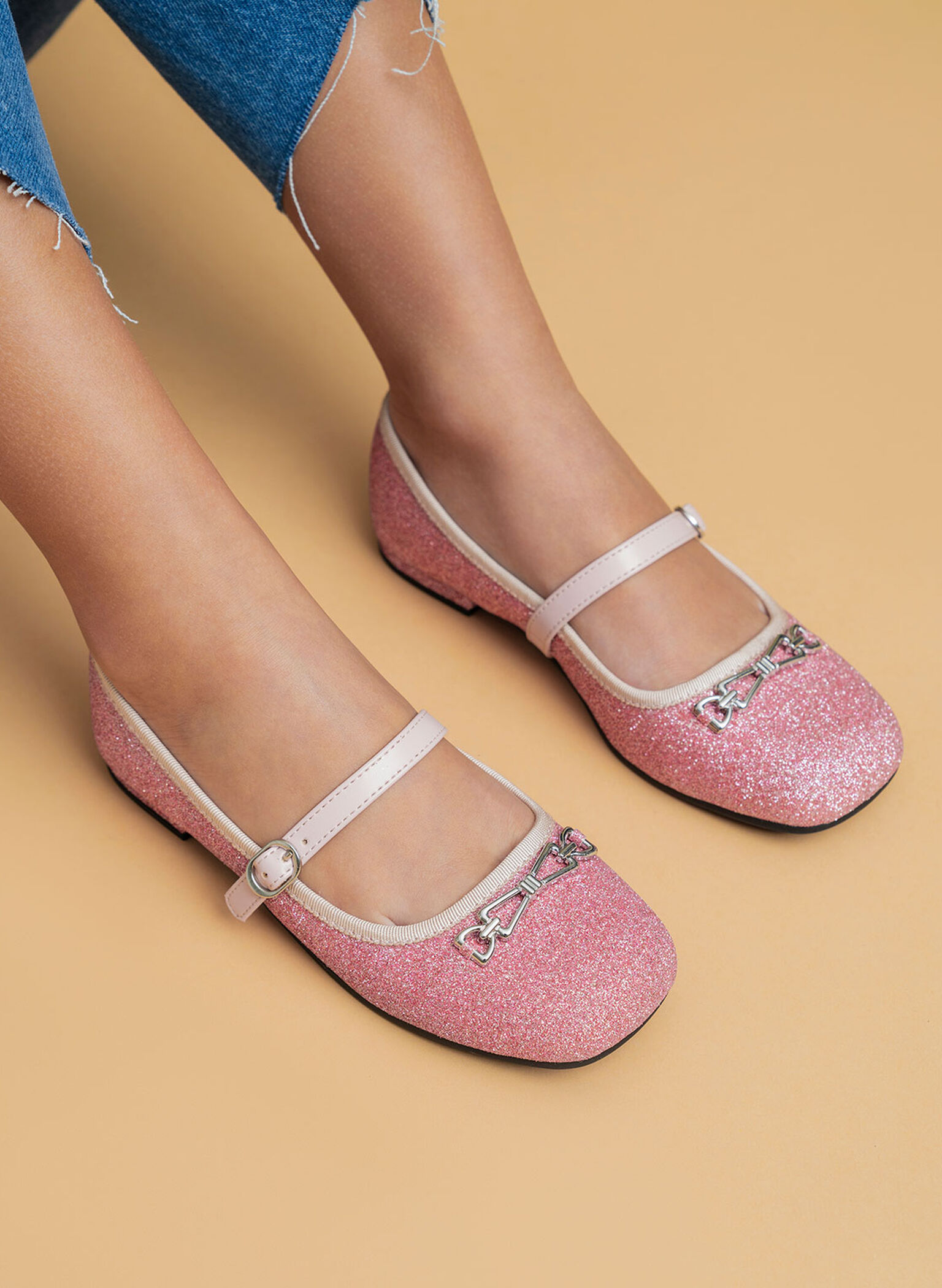 Girls' Metallic Accent Glittered Mary Janes, Pink, hi-res