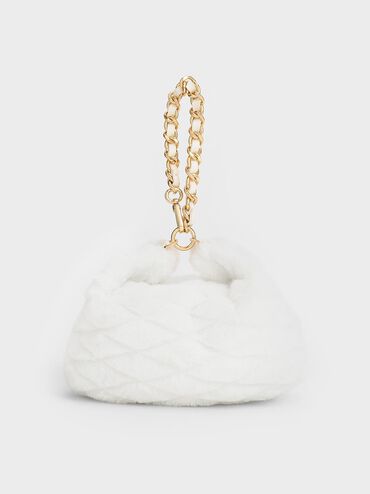 Duo Furry Quilted Crescent Bag, White, hi-res