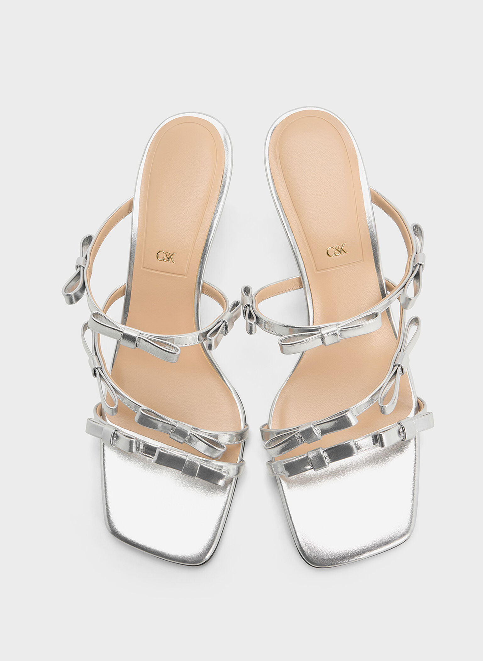 Jessy Metallic Leather Bow Heeled Sandals, Silver, hi-res