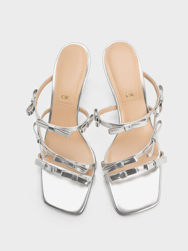 Jessy Metallic Leather Bow Heeled Sandals, Silver, hi-res