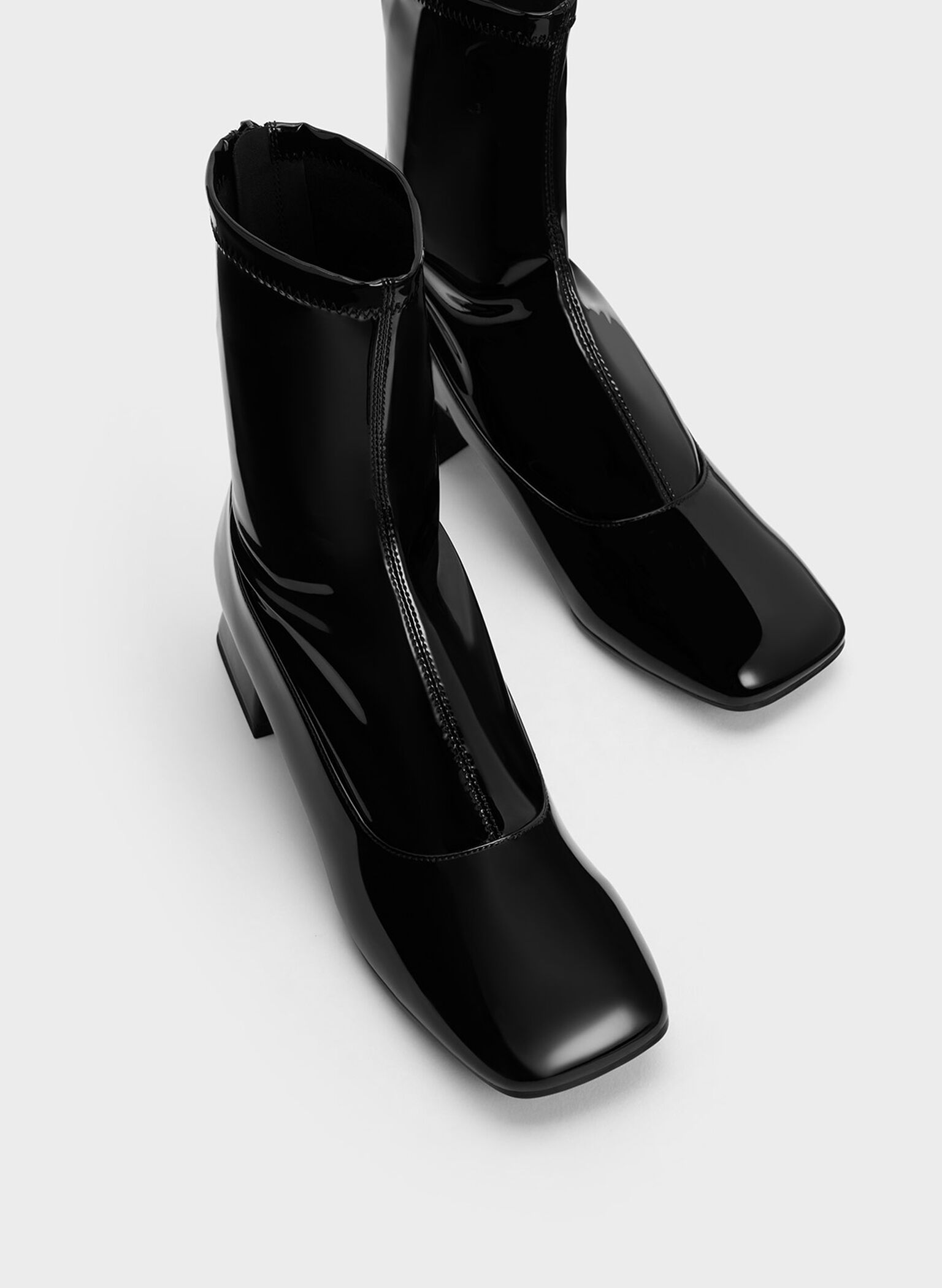 Patent Trapeze Block Heel Ankle Boots, Black Patent, hi-res