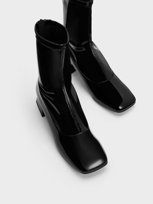 Patent Trapeze Block Heel Ankle Boots, Black Patent, hi-res