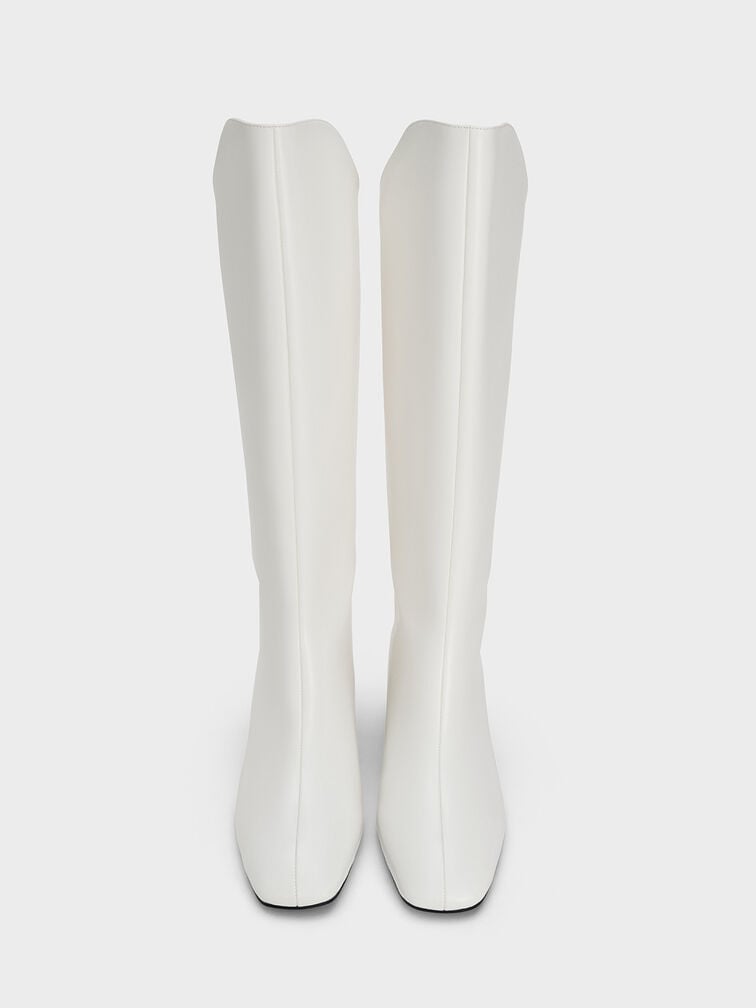 Elongated Square-Toe Knee-High Boots, White, hi-res