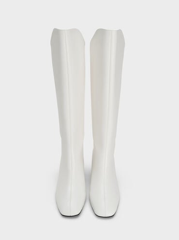 Elongated Square-Toe Knee-High Boots, White, hi-res