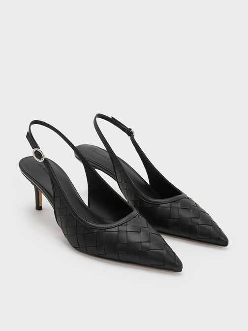 Woven Pointed-Toe Slingback Pumps, Black, hi-res